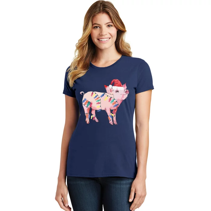 Santa Pig Christmas Lights Pig Lover Christmas Gift Women's T-Shirt