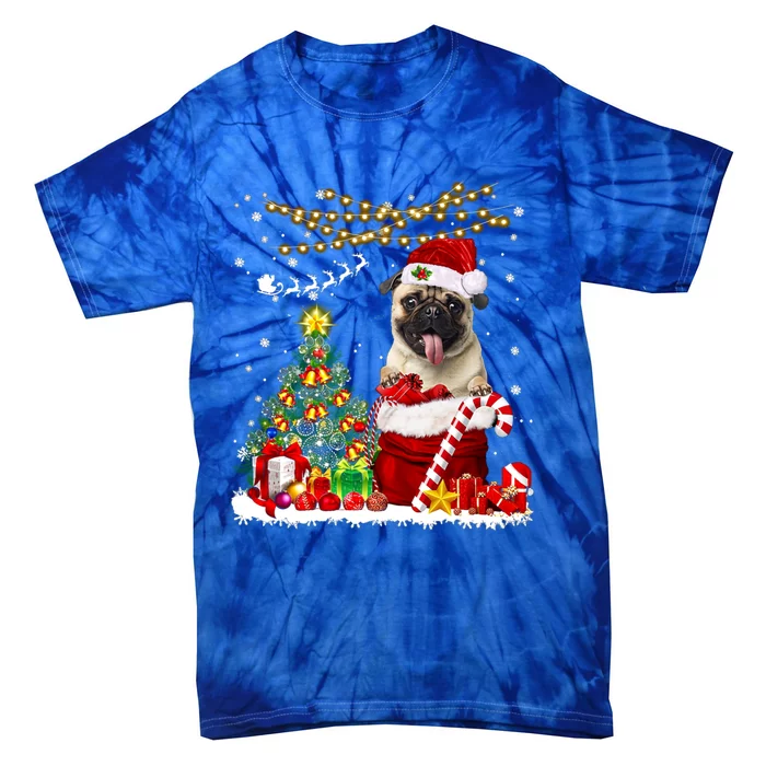 Santa Pug Christmas Tree Lights Dog Owner Xmas Gift Tie-Dye T-Shirt