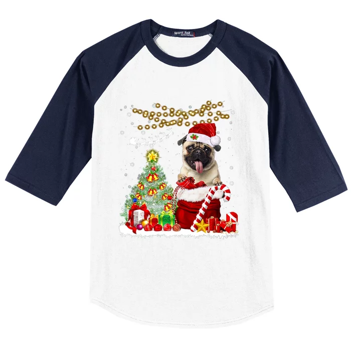 Santa Pug Christmas Tree Lights Dog Owner Xmas Gift Baseball Sleeve Shirt