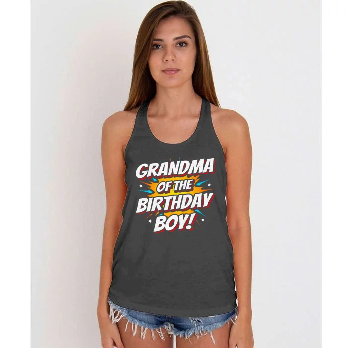 Superhero Party Comics Birthday Grandma Of Birthday Boy Women's Knotted Racerback Tank