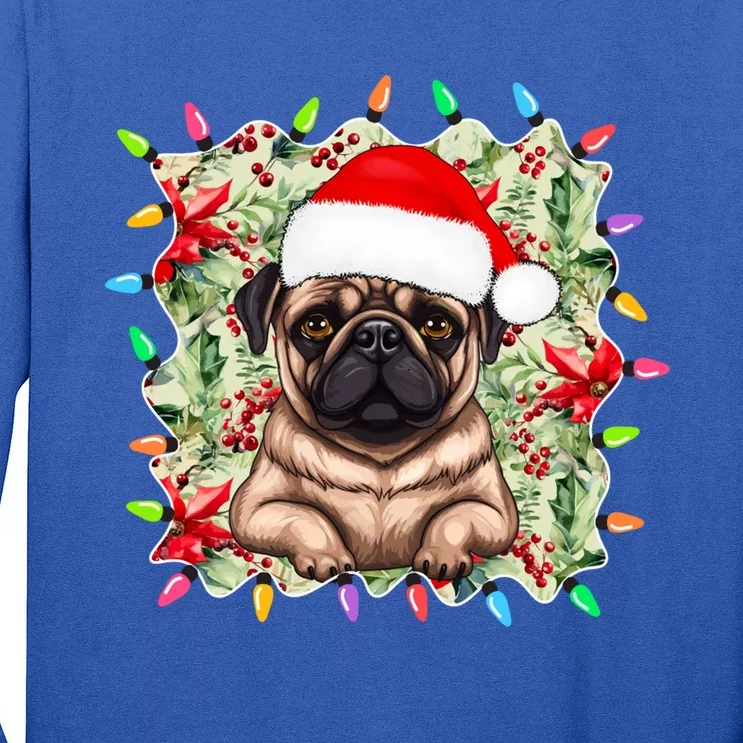 Santa Pug Christmas Lights Flowers Owner Family Gift Long Sleeve Shirt