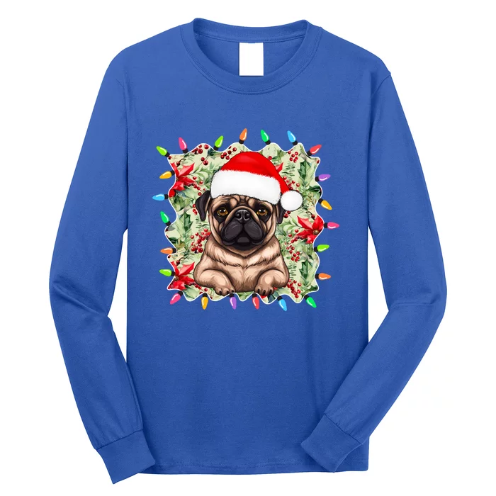 Santa Pug Christmas Lights Flowers Owner Family Gift Long Sleeve Shirt