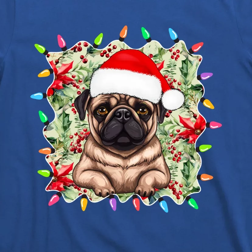 Santa Pug Christmas Lights Flowers Owner Family Gift T-Shirt