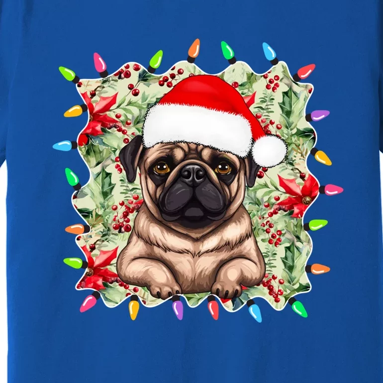 Santa Pug Christmas Lights Flowers Owner Family Gift Premium T-Shirt