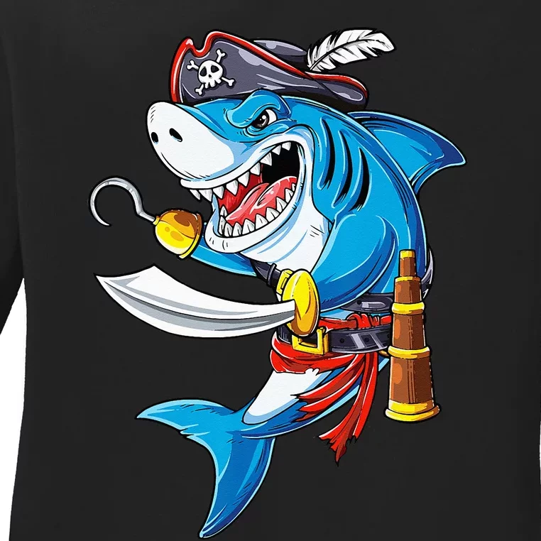 Shark Pirate Costume Jolly Roger Flag Jawsome Gifts Ladies Long Sleeve Shirt