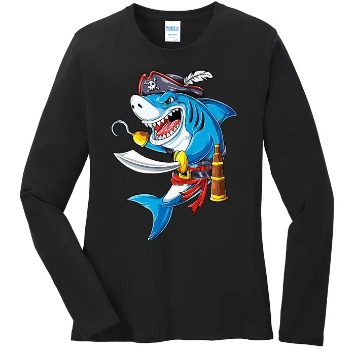 Shark Pirate Costume Jolly Roger Flag Jawsome Gifts Ladies Long Sleeve Shirt