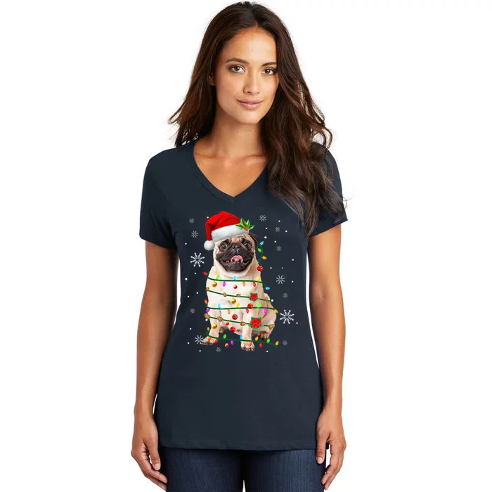 Santa Pug Christmas Lights Xmas Dog Lover Women's V-Neck T-Shirt