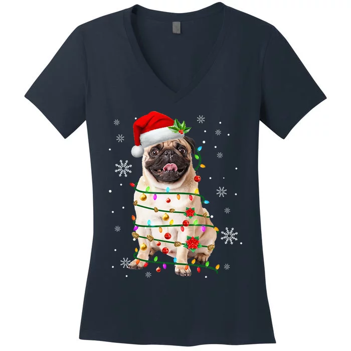 Santa Pug Christmas Lights Xmas Dog Lover Women's V-Neck T-Shirt