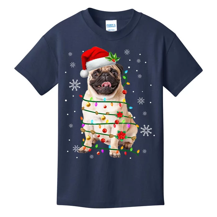 Santa Pug Christmas Lights Xmas Dog Lover Kids T-Shirt