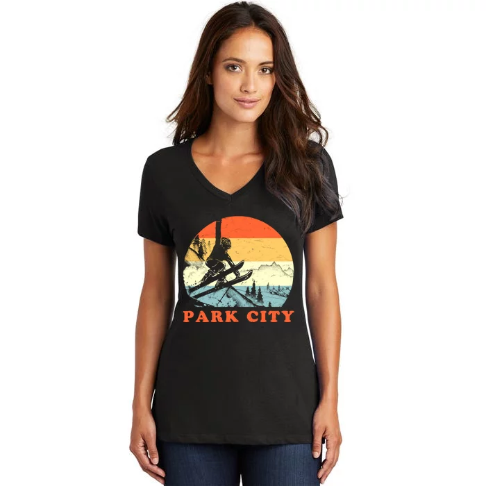 Ski Park City Utah Vintage Snow Skiing Vacation Women's V-Neck T-Shirt