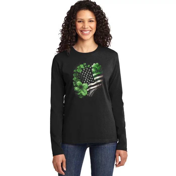 St Patricks Day Shamrock American Flag Retro Ladies Long Sleeve Shirt