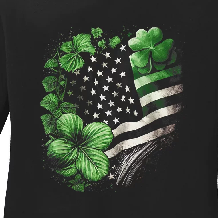 St Patricks Day Shamrock American Flag Retro Ladies Long Sleeve Shirt