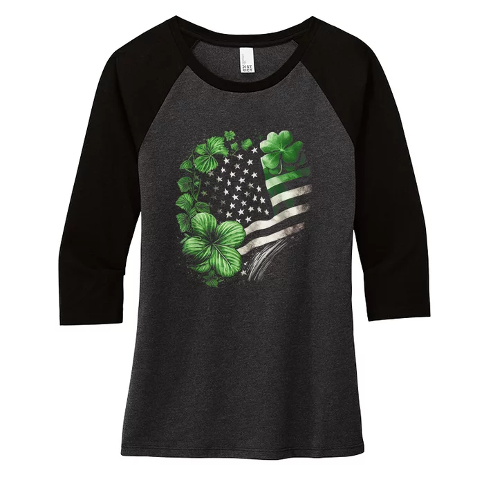 St Patricks Day Shamrock American Flag Retro Women's Tri-Blend 3/4-Sleeve Raglan Shirt