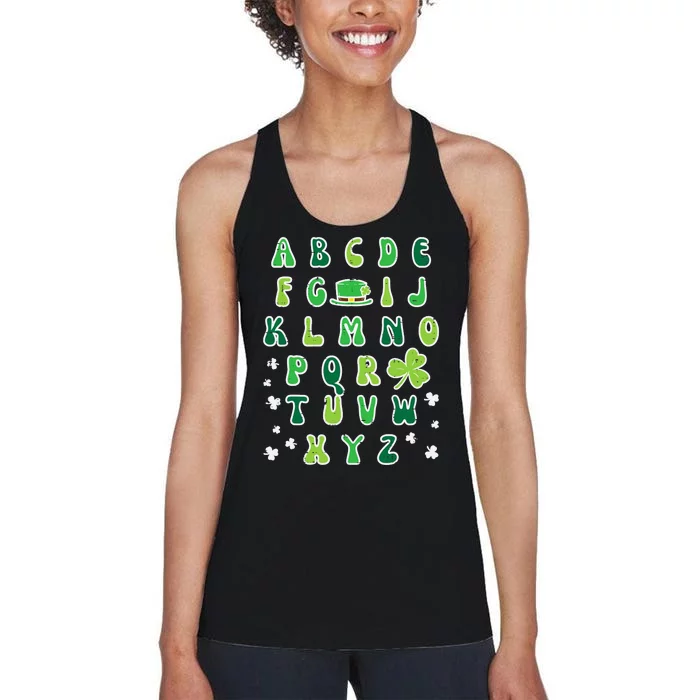 St Patricks Day ABC Alphabet Saint Pattys Paddys Teacher Women's Racerback Tank