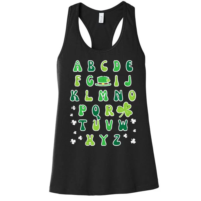 St Patricks Day ABC Alphabet Saint Pattys Paddys Teacher Women's Racerback Tank