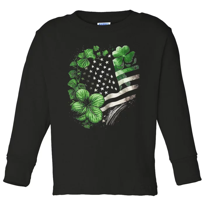 St Patricks Day Shamrock American Flag Retro Toddler Long Sleeve Shirt