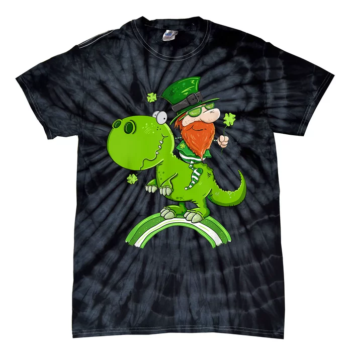 St. Patricks Day Leprechaun Riding A Dinosaur Shamrock Tie-Dye T-Shirt