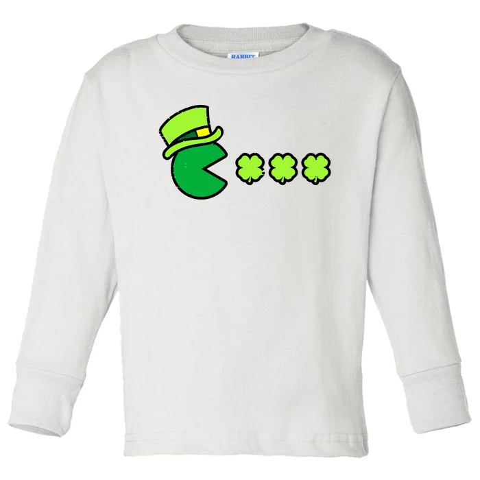 St Patricks Day Eating Shamrock Retro Gamer Toddler Long Sleeve Shirt