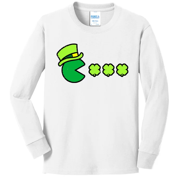 St Patricks Day Eating Shamrock Retro Gamer Kids Long Sleeve Shirt