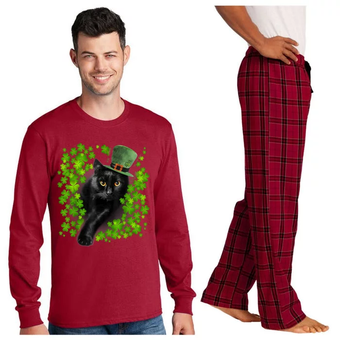 St Patrick Day Black Cat 3 Leaf Clover Kitten Lover Irish Long Sleeve Pajama Set