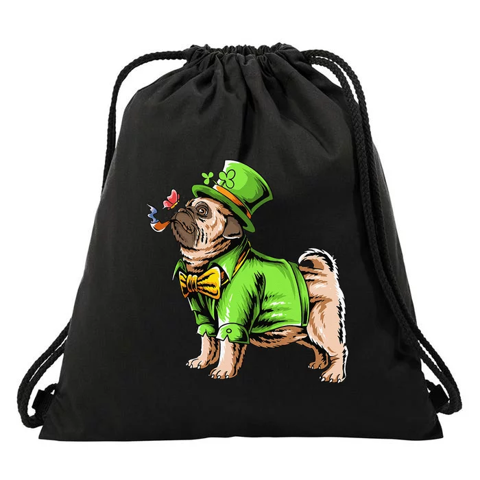 St. Pugtricks Day Pug With A Leprechaun Hat & Shamrock Funny Drawstring Bag