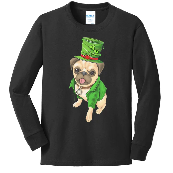 St. Pugtricks Day Pug With A Leprechaun Hat & Shamrock Gift Kids Long Sleeve Shirt