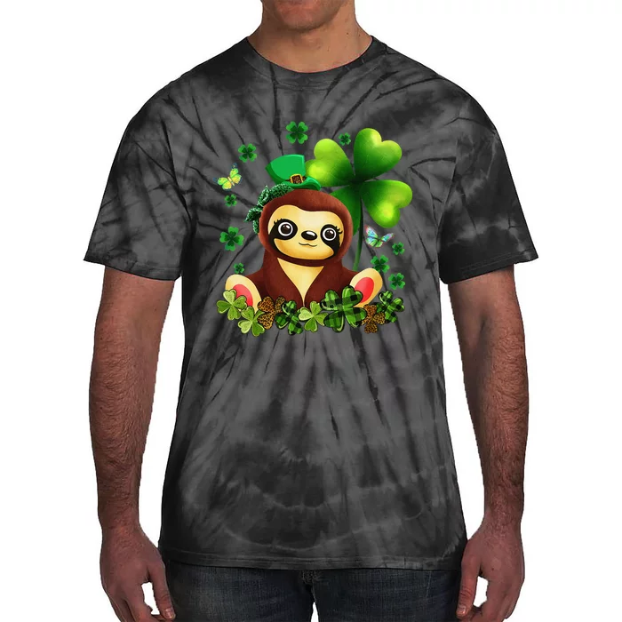 St. Patrick's Day Sloth Green Buffalo Plaid Shamrock Women's Tie-Dye T-Shirt