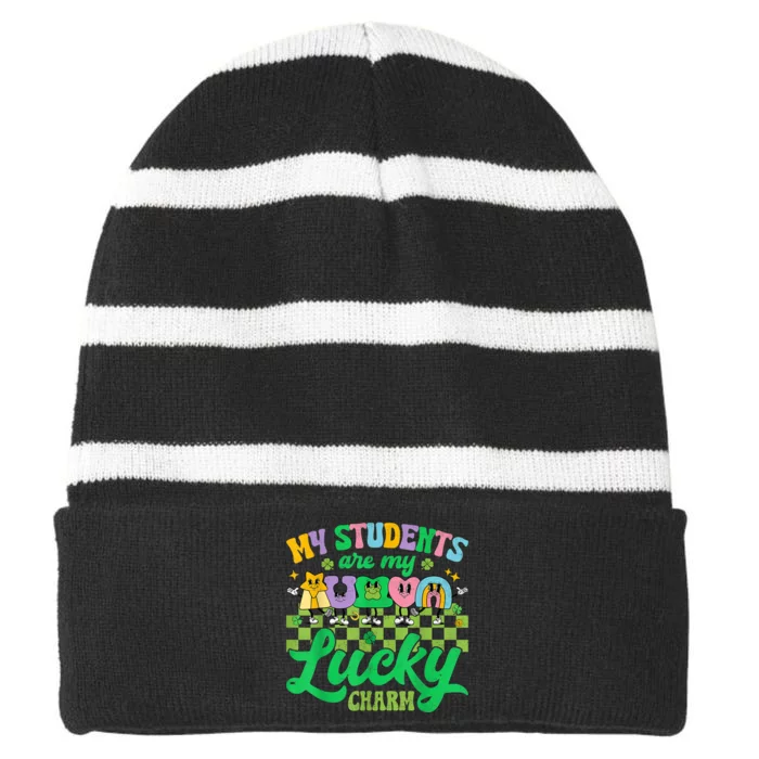 St Patricks Day Teacher Shirt My Students Are My Lucky Charm Striped Beanie with Solid Band