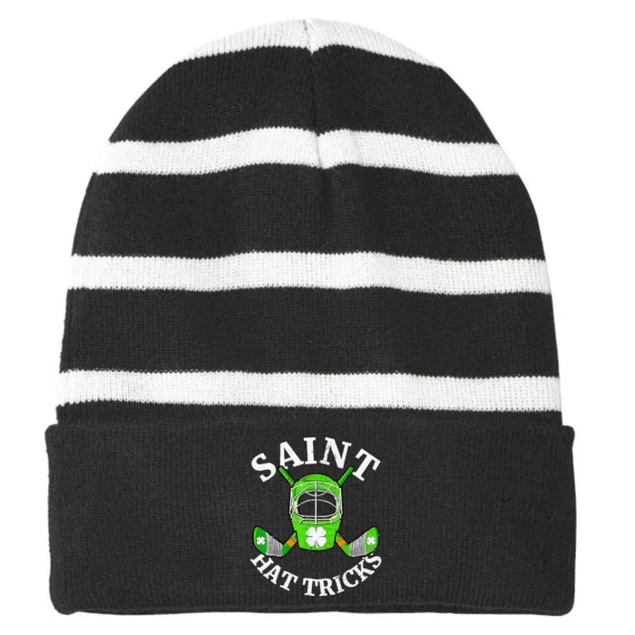 St Patricks Day Saint Hat Tricks Hockey Shamrocks Striped Beanie with Solid Band