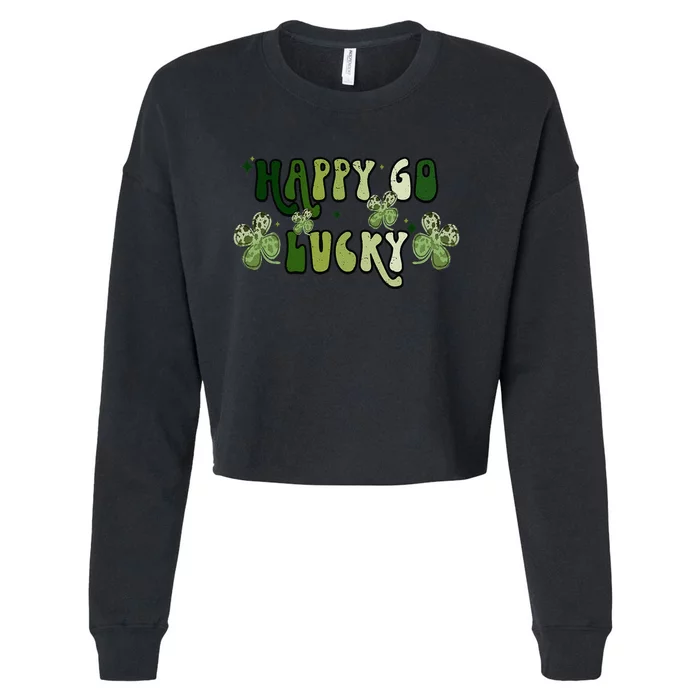 St Patricks Day Happy Go Lucky Shamrock Irish Retro Groovy Cropped Pullover Crew