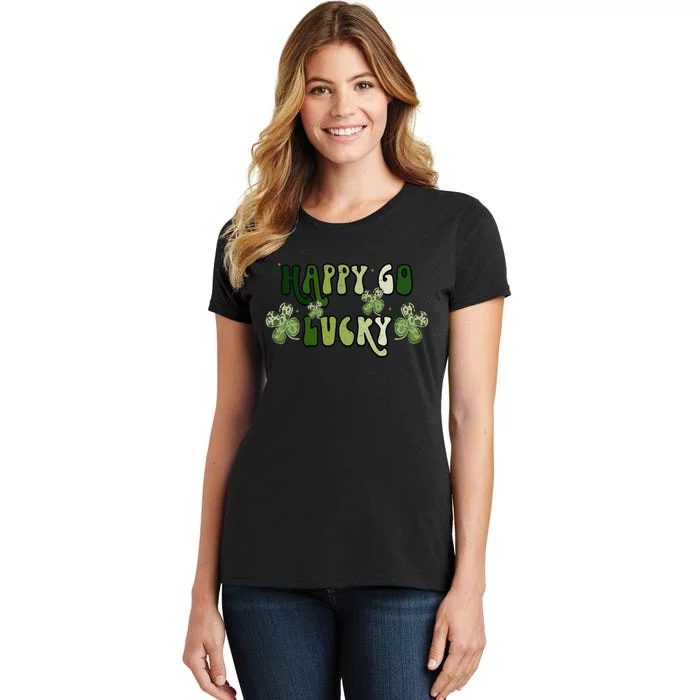 St Patricks Day Happy Go Lucky Shamrock Irish Retro Groovy Women's T-Shirt