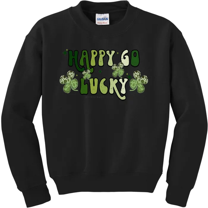 St Patricks Day Happy Go Lucky Shamrock Irish Retro Groovy Kids Sweatshirt