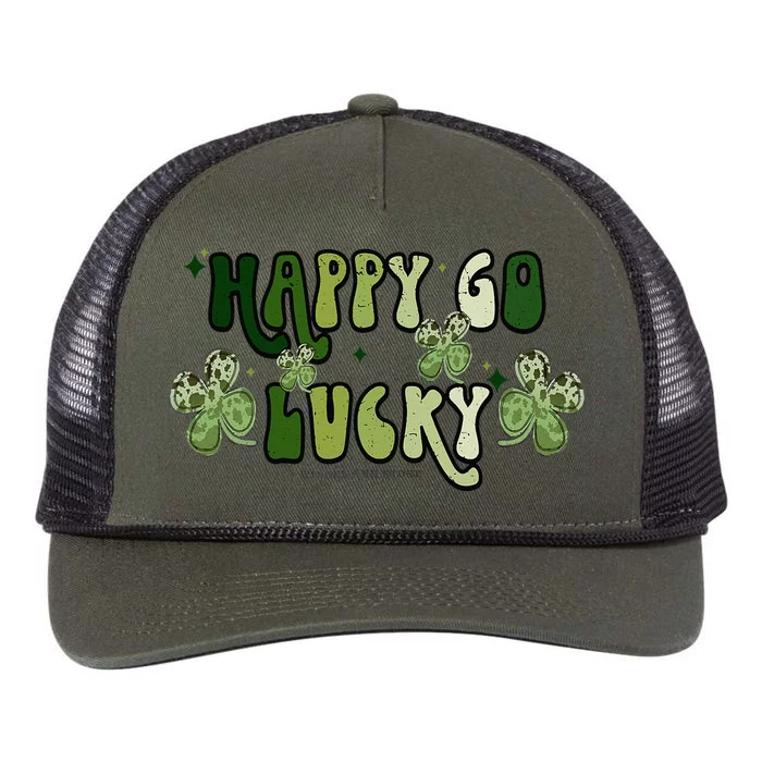 St Patricks Day Happy Go Lucky Shamrock Irish Retro Groovy Retro Rope Trucker Hat Cap