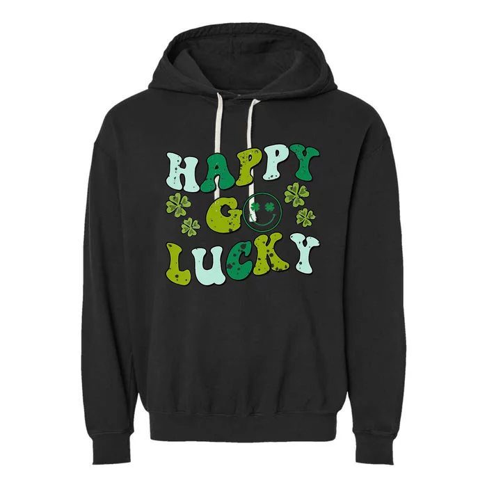 St Patricks Day Happy Go Lucky Shamrock Irish Retro Groovy Garment-Dyed Fleece Hoodie