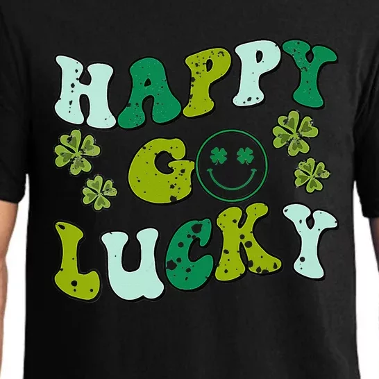 St Patricks Day Happy Go Lucky Shamrock Irish Retro Groovy Pajama Set