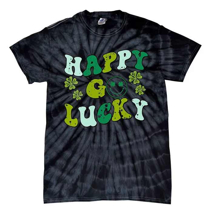 St Patricks Day Happy Go Lucky Shamrock Irish Retro Groovy Tie-Dye T-Shirt