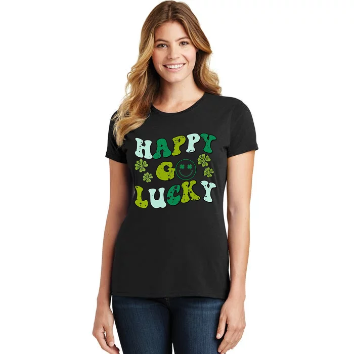 St Patricks Day Happy Go Lucky Shamrock Irish Retro Groovy Women's T-Shirt