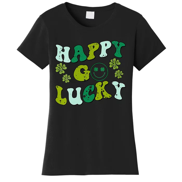 St Patricks Day Happy Go Lucky Shamrock Irish Retro Groovy Women's T-Shirt