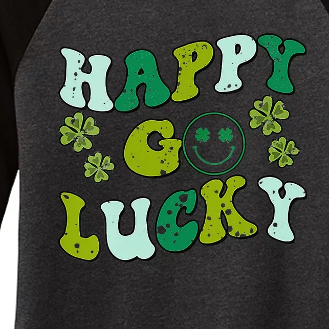 St Patricks Day Happy Go Lucky Shamrock Irish Retro Groovy Women's Tri-Blend 3/4-Sleeve Raglan Shirt