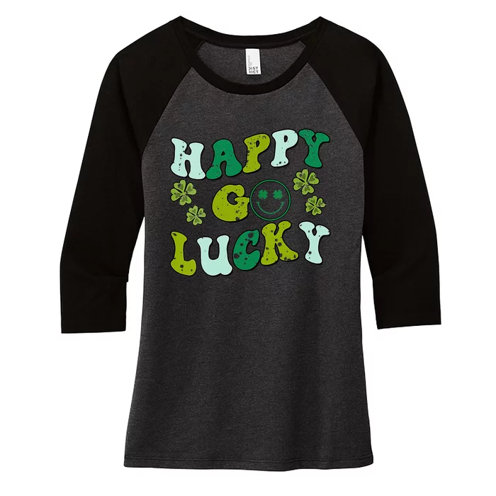 St Patricks Day Happy Go Lucky Shamrock Irish Retro Groovy Women's Tri-Blend 3/4-Sleeve Raglan Shirt