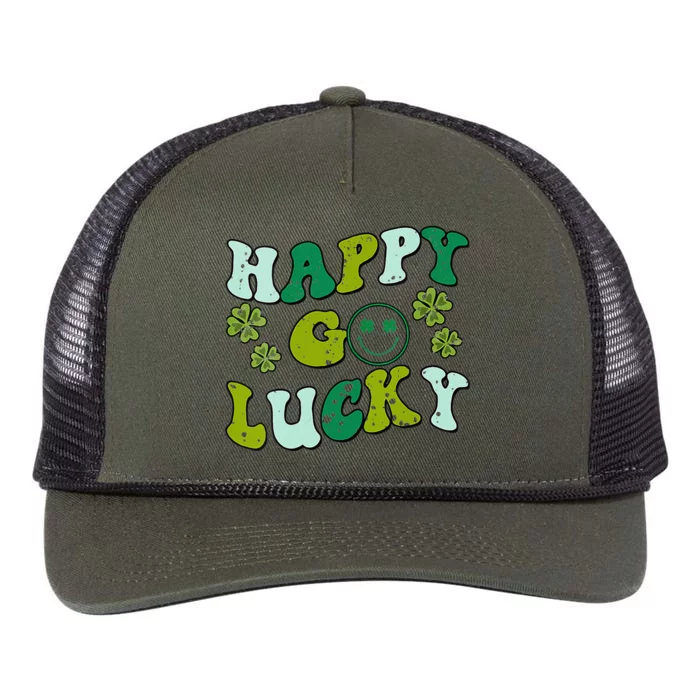 St Patricks Day Happy Go Lucky Shamrock Irish Retro Groovy Retro Rope Trucker Hat Cap