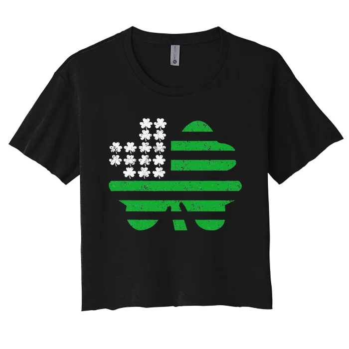 Saint Patricks Day US Flag Four Leaf Clover Shamrock Love Women's Crop Top Tee