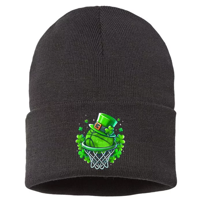 St Patricks Day Shamrock Basketball Irish Leprechaun Sustainable Knit Beanie