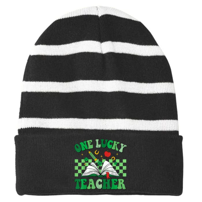 St Patricks Day Teacher Shirt One Lucky Teacher Shamrock Striped Beanie with Solid Band