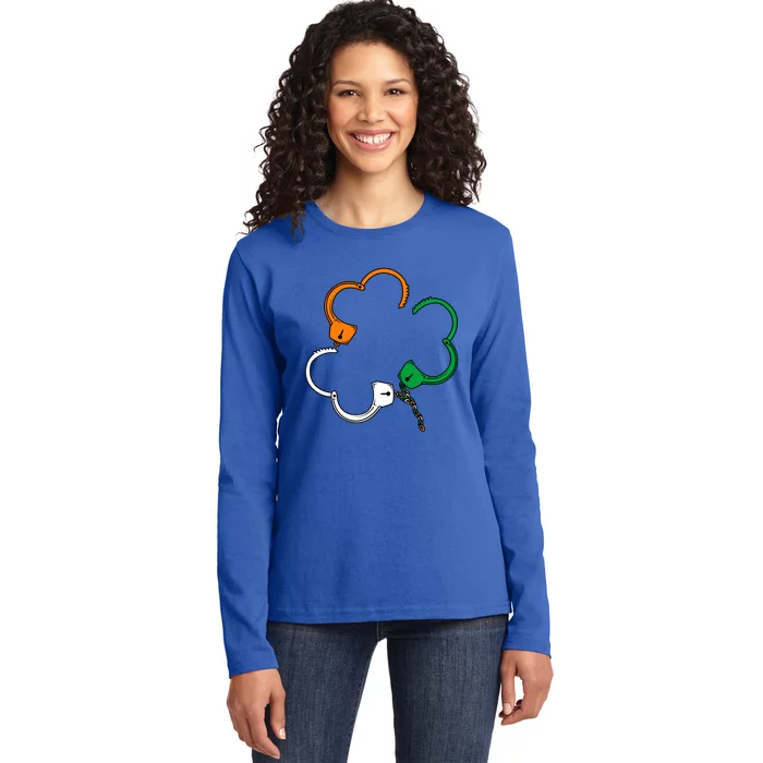 St Patricks Day Police Officer Irish Shamrock Handcuffs Gift Ladies Long Sleeve Shirt