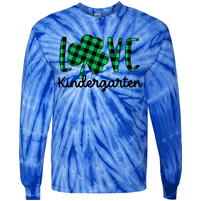 St Patricks Day Love Kindergarten Teacher Plaid Shamrock Gift Tie-Dye Long Sleeve Shirt