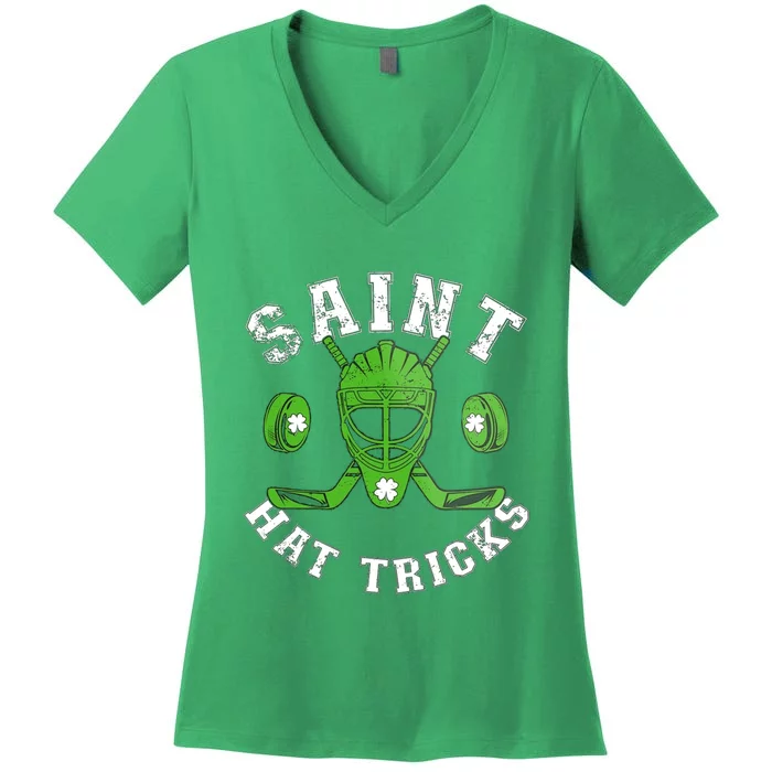 St Patricks Day Saint Hat Tricks Hockey Shamrock Women's V-Neck T-Shirt