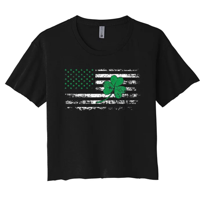 St Patrick's Day Irish USA American Flag Shamrock Clovers Women's Crop Top Tee