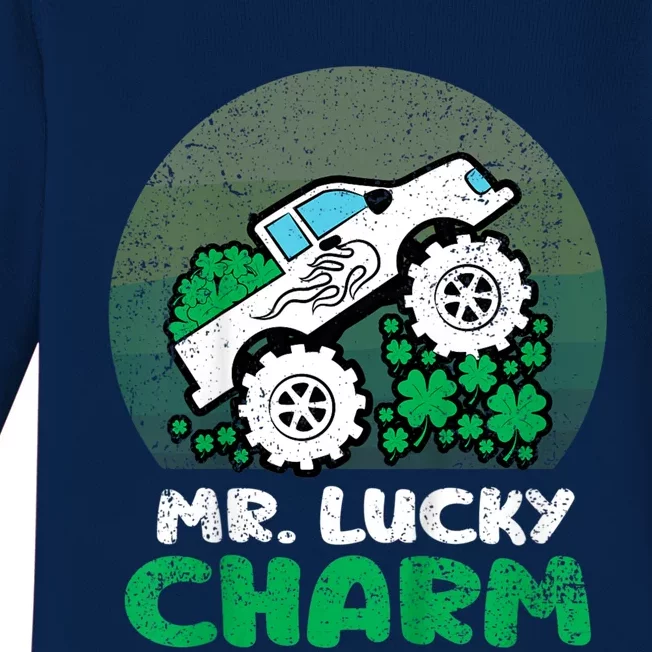 St Patricks Day Mr Lucky Charm Retro Monster Truck Baby Long Sleeve Bodysuit