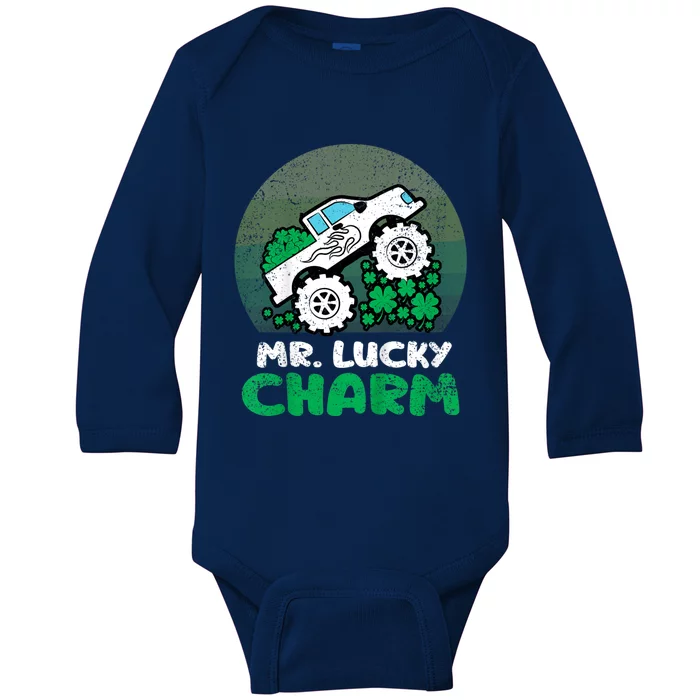 St Patricks Day Mr Lucky Charm Retro Monster Truck Baby Long Sleeve Bodysuit